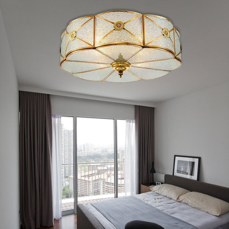 Brass Colonial Scallop Ceiling Light - Bedroom Chandelier with Seeded Glass, Flush Mount - 3/4/6 Bulbs