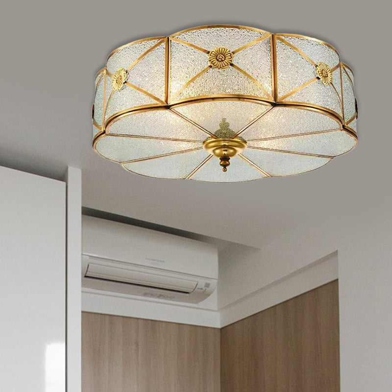 Brass Colonial Scallop Ceiling Light - Bedroom Chandelier with Seeded Glass, Flush Mount - 3/4/6 Bulbs