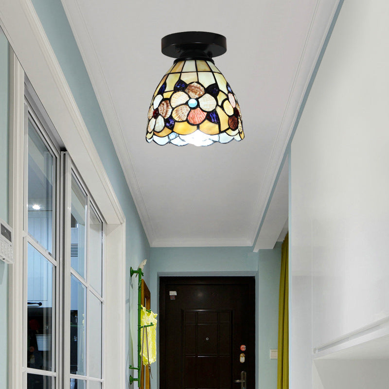 Stained Glass Flower Pattern Ceiling Light - Tiffany Style Flush Mount With 1 Bulb Black/Chrome