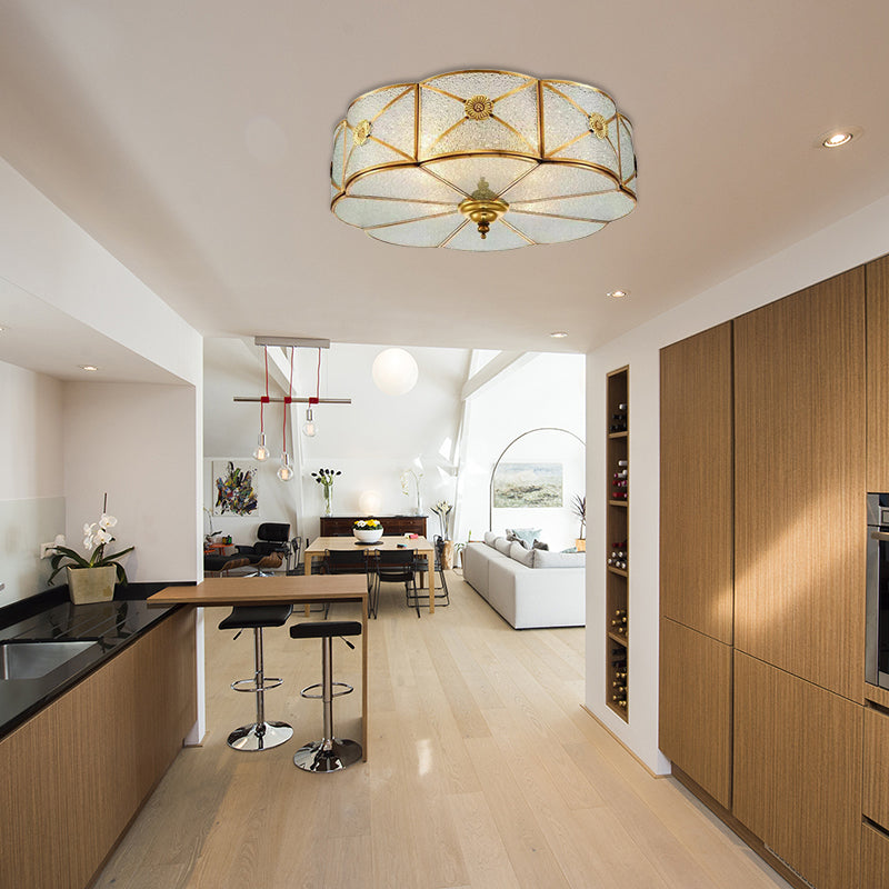 Brass Colonial Scallop Ceiling Light - Bedroom Chandelier with Seeded Glass, Flush Mount - 3/4/6 Bulbs