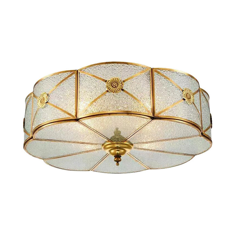 Brass Colonial Scallop Ceiling Light - Bedroom Chandelier with Seeded Glass, Flush Mount - 3/4/6 Bulbs