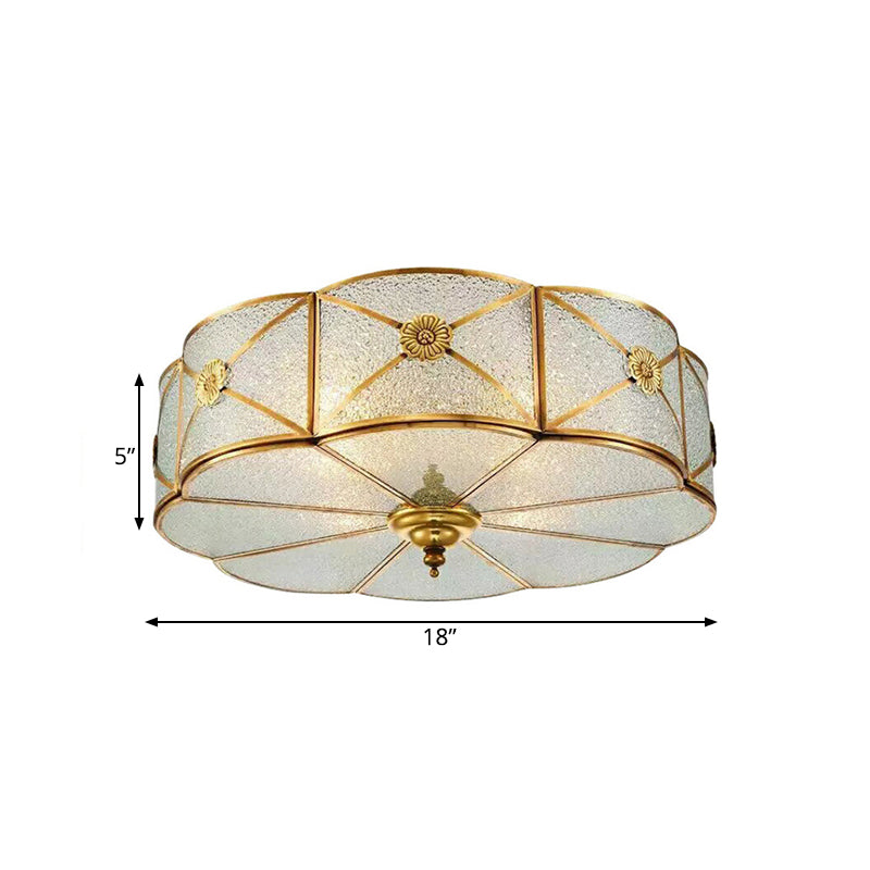 Brass Colonial Scallop Ceiling Light - Bedroom Chandelier with Seeded Glass, Flush Mount - 3/4/6 Bulbs