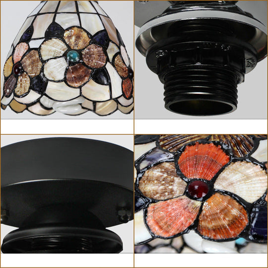 Stained Glass Flower Pattern Ceiling Light - Tiffany Style Flush Mount with 1 Bulb - Black/Chrome Finish