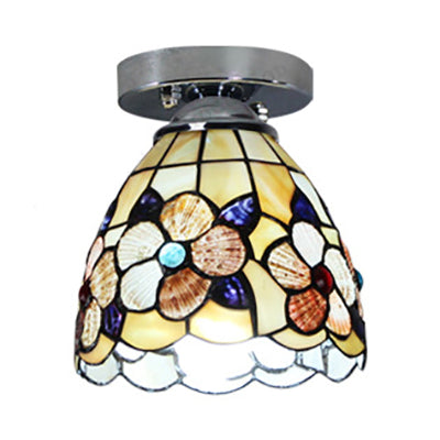 Stained Glass Flower Pattern Ceiling Light - Tiffany Style Flush Mount with 1 Bulb - Black/Chrome Finish