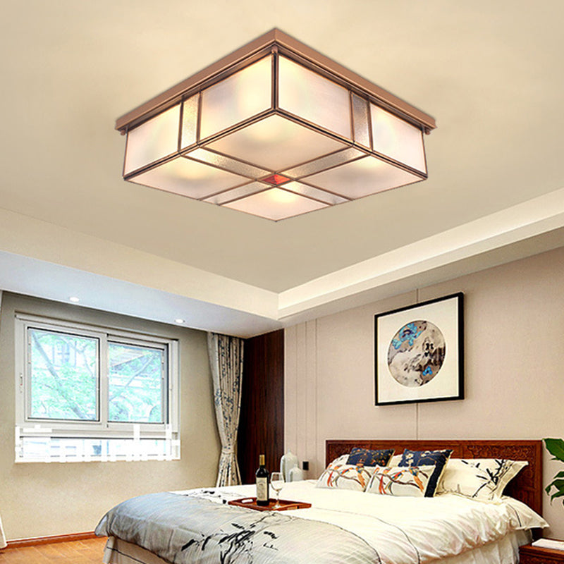 Milky Glass Colonial Ceiling Lamp - Square Flush Mount Fixture For Living Room With Brass Finish