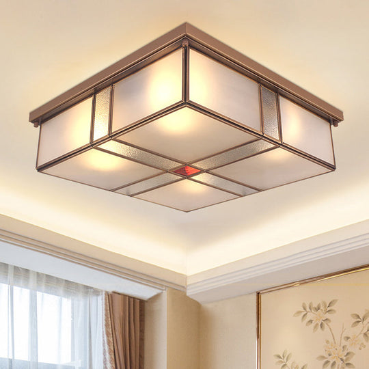 Milky Glass Colonial Ceiling Lamp - Square Flush Mount Fixture for Living Room with Brass Finish (3/4 Bulbs)