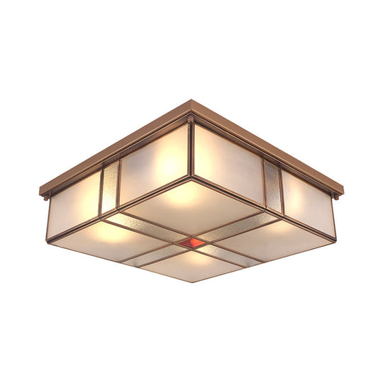 Milky Glass Colonial Ceiling Lamp - Square Flush Mount Fixture for Living Room with Brass Finish (3/4 Bulbs)