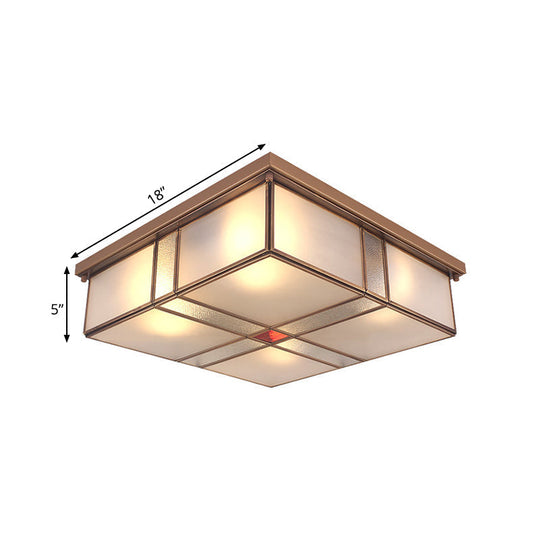 Milky Glass Colonial Ceiling Lamp - Square Flush Mount Fixture For Living Room With Brass Finish