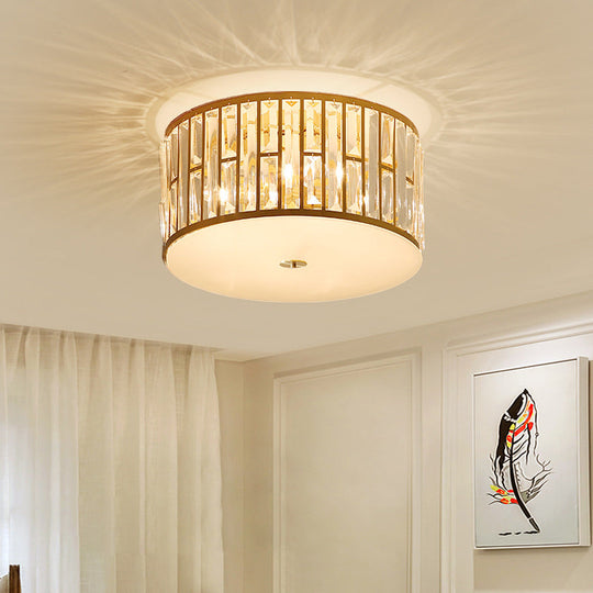 Modern Cut Crystal Gold Drum Flush Mount Ceiling Light with Opal Glass Diffuser - 5 Bulbs, 3 Sizes