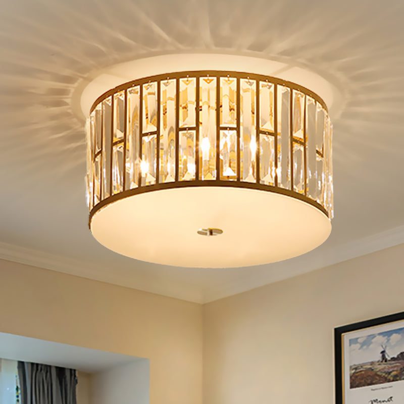 Modern Cut Crystal Gold Drum Flush Mount Ceiling Light with Opal Glass Diffuser - 5 Bulbs, 3 Sizes