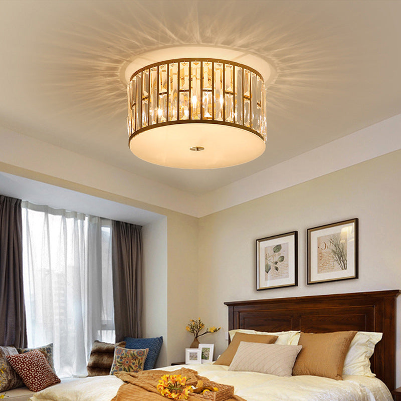 Modern Cut Crystal Gold Drum Flush Mount Ceiling Light with Opal Glass Diffuser - 5 Bulbs, 3 Sizes