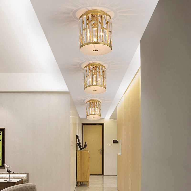 Modern Cut Crystal Gold Drum Flush Mount Ceiling Light With Opal Glass Diffuser - 5 Bulbs 3 Sizes