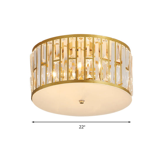 Modern Cut Crystal Gold Drum Flush Mount Ceiling Light with Opal Glass Diffuser - 5 Bulbs, 3 Sizes