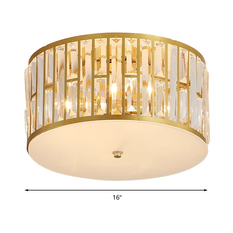 Modern Cut Crystal Gold Drum Flush Mount Ceiling Light with Opal Glass Diffuser - 5 Bulbs, 3 Sizes