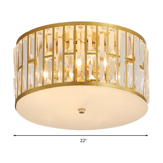 Modern Cut Crystal Gold Drum Flush Mount Ceiling Light with Opal Glass Diffuser - 5 Bulbs, 3 Sizes