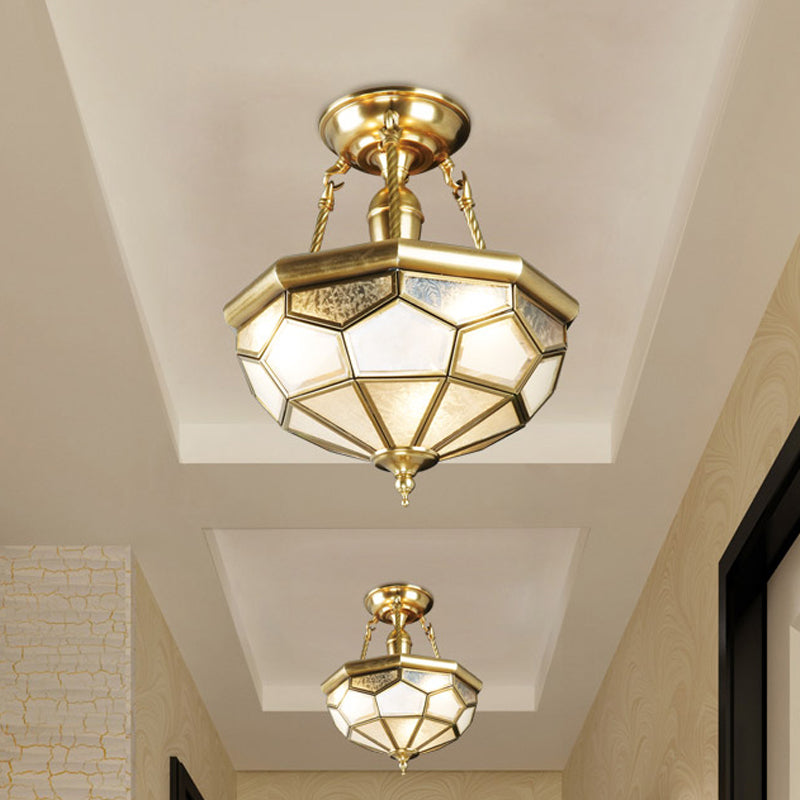 Brass Semi Flush Mount Sandblasted Glass Dome Ceiling Fixture For Dining Room- 3/4 Heads 13/16 Width