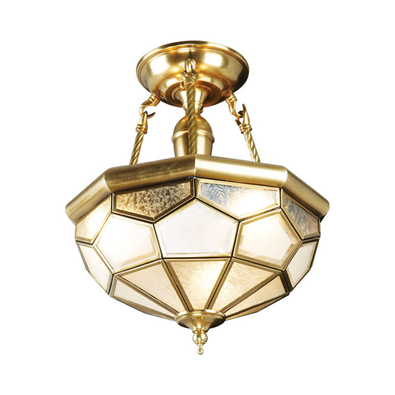 Brass Semi Flush Mount Sandblasted Glass Dome Ceiling Fixture for Dining Room- 3/4 Heads, 13"/16" Width