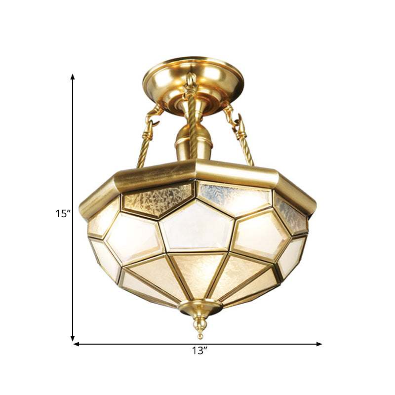 Brass Semi Flush Mount Sandblasted Glass Dome Ceiling Fixture for Dining Room- 3/4 Heads, 13"/16" Width