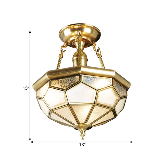 Brass Semi Flush Mount Sandblasted Glass Dome Ceiling Fixture For Dining Room- 3/4 Heads 13/16 Width