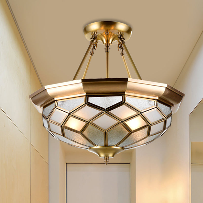 Brass Semi Flush Mount Sandblasted Glass Dome Ceiling Fixture For Dining Room- 3/4 Heads 13/16 Width