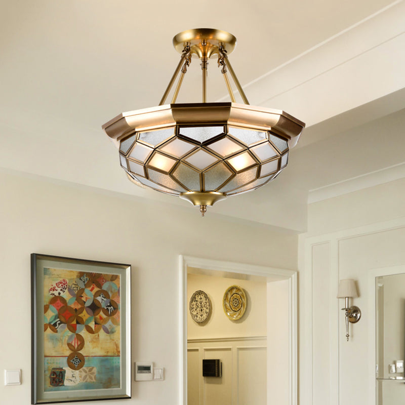 Brass Semi Flush Mount Sandblasted Glass Dome Ceiling Fixture for Dining Room- 3/4 Heads, 13"/16" Width