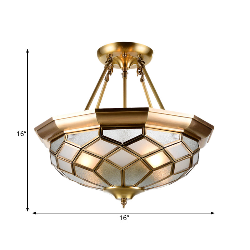 Brass Semi Flush Mount Sandblasted Glass Dome Ceiling Fixture for Dining Room- 3/4 Heads, 13"/16" Width