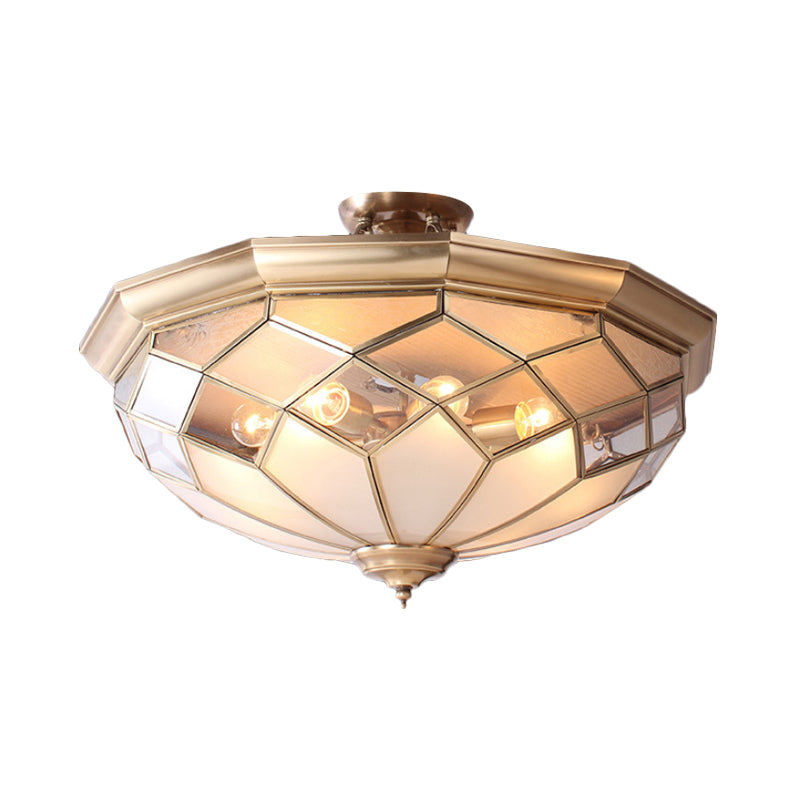 Clear Glass Brass Ceiling Flush Bowl Chandelier - 8 Head Colonial Semi Flush Mount for Living Room