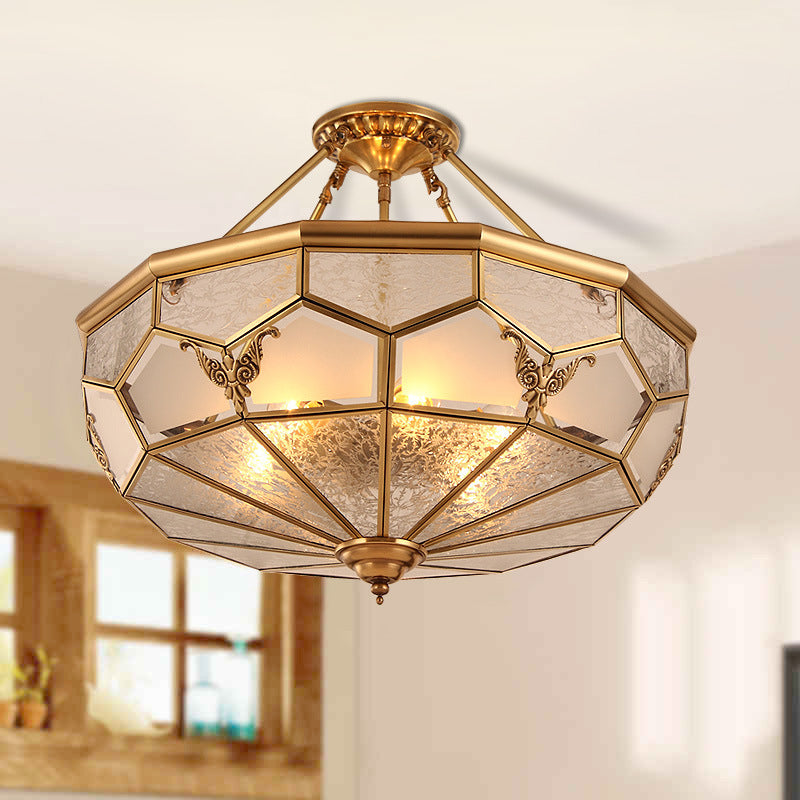 Colonialist Brass Semi Flush Chandelier with Frosted Glass - 3/4 Light Ceiling Light for Living Room - 14"/18" Width