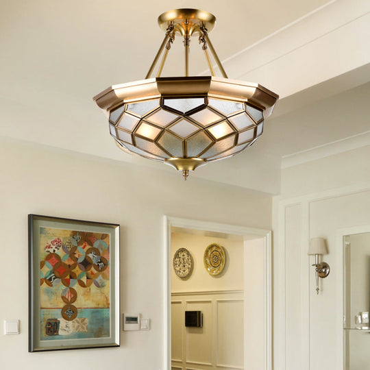 Semi-Mounted Brass Ceiling Light With Seeded Glass For Dining Room - Colonial Dome Design 4 Bulbs