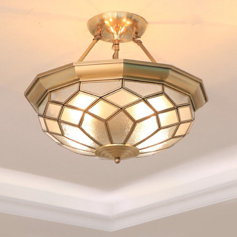 Semi-Mounted Brass Ceiling Light with Seeded Glass for Dining Room - Colonial Dome Design, 4 Bulbs