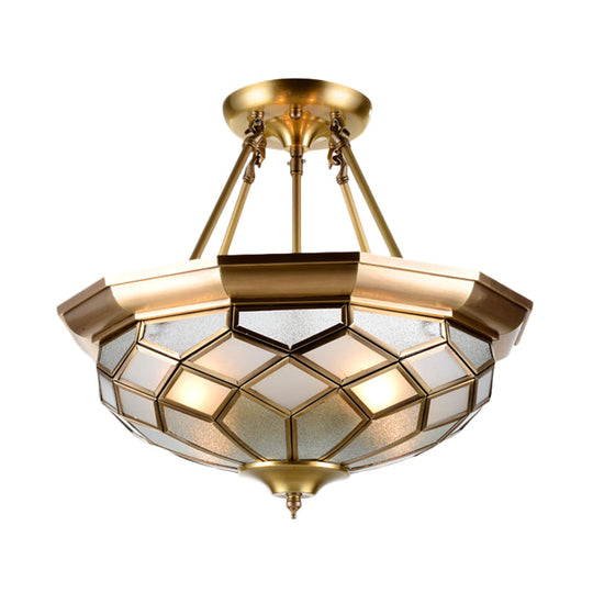 Semi-Mounted Brass Ceiling Light with Seeded Glass for Dining Room - Colonial Dome Design, 4 Bulbs