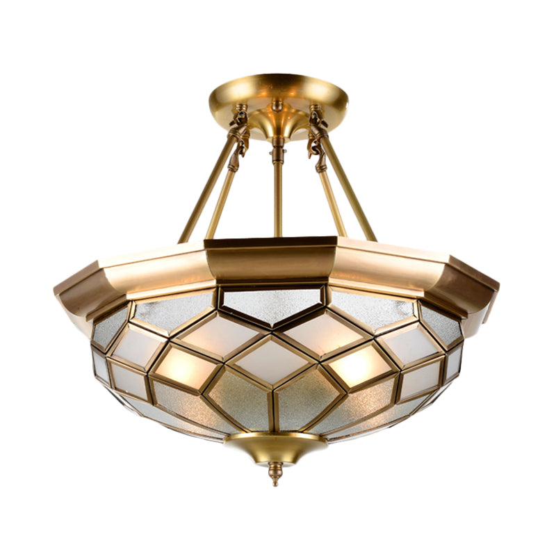 Semi-Mounted Brass Ceiling Light With Seeded Glass For Dining Room - Colonial Dome Design 4 Bulbs