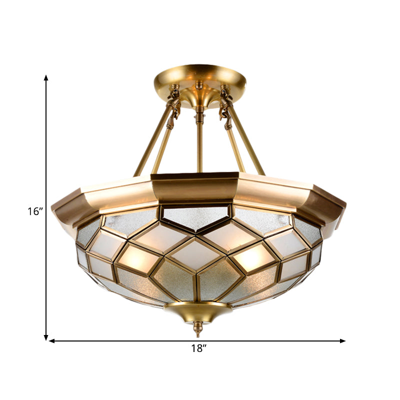 Semi-Mounted Brass Ceiling Light with Seeded Glass for Dining Room - Colonial Dome Design, 4 Bulbs