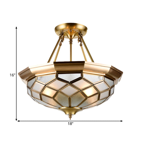 Semi-Mounted Brass Ceiling Light with Seeded Glass for Dining Room - Colonial Dome Design, 4 Bulbs