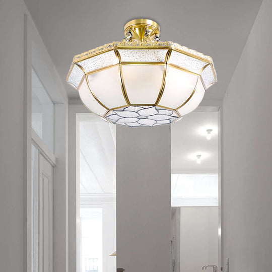 Brass Semi Flush Ceiling Light with Opal Blown Glass Dome - 4 Lights, Colonial Design - Ideal for Living Room