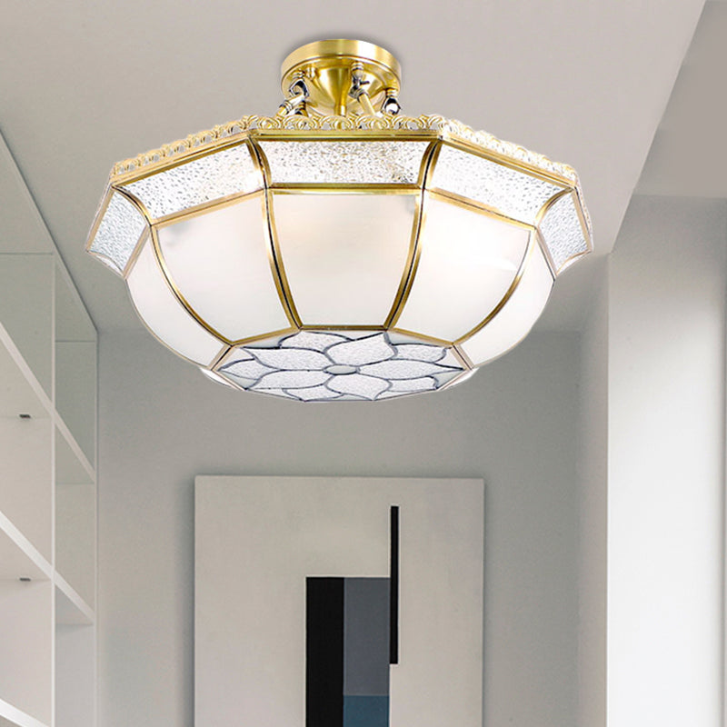 Brass Semi Flush Ceiling Light with Opal Blown Glass Dome - 4 Lights, Colonial Design - Ideal for Living Room