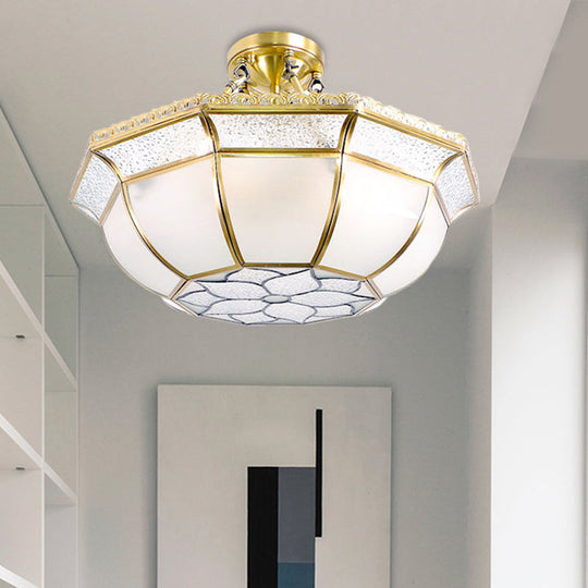 Brass Semi Flush Ceiling Light with Opal Blown Glass Dome - 4 Lights, Colonial Design - Ideal for Living Room