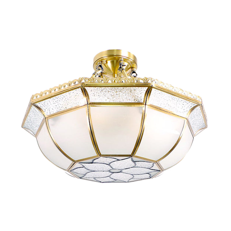 Brass Semi Flush Ceiling Light with Opal Blown Glass Dome - 4 Lights, Colonial Design - Ideal for Living Room