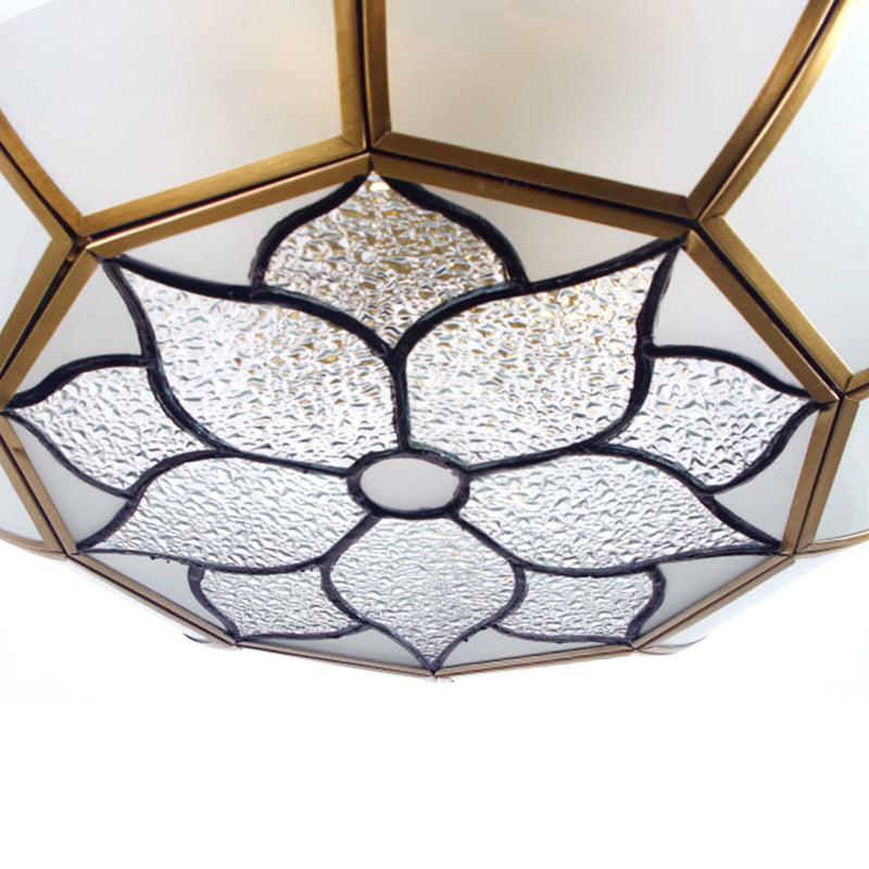 Brass Semi Flush Ceiling Light with Opal Blown Glass Dome - 4 Lights, Colonial Design - Ideal for Living Room