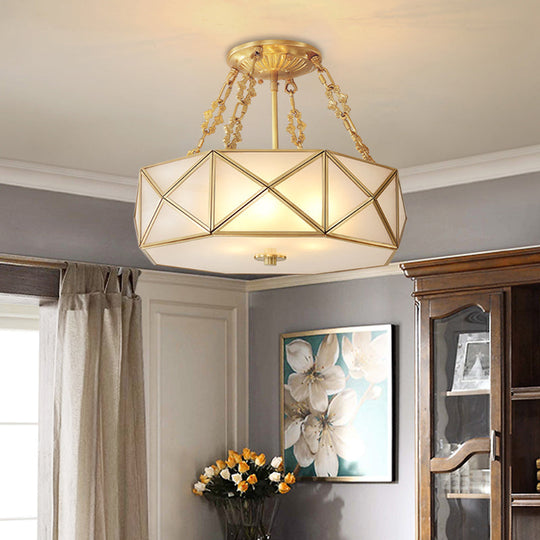 Colonial Drum Ceiling Mount Chandelier with Frosted White Opal Glass and Brass Finish - Ideal for Bedroom Lighting