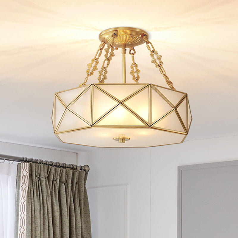 Colonial Drum Ceiling Mount Chandelier with Frosted White Opal Glass and Brass Finish - Ideal for Bedroom Lighting