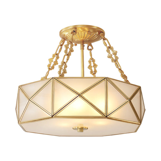 Colonial Drum Ceiling Mount Chandelier with Frosted White Opal Glass and Brass Finish - Ideal for Bedroom Lighting