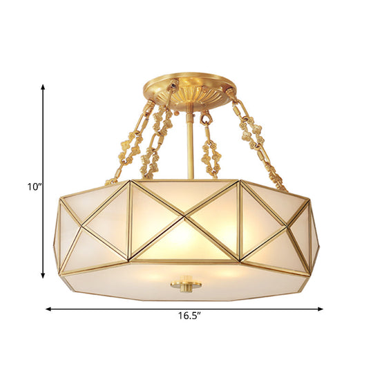 Colonial Drum Ceiling Mount Chandelier with Frosted White Opal Glass and Brass Finish - Ideal for Bedroom Lighting