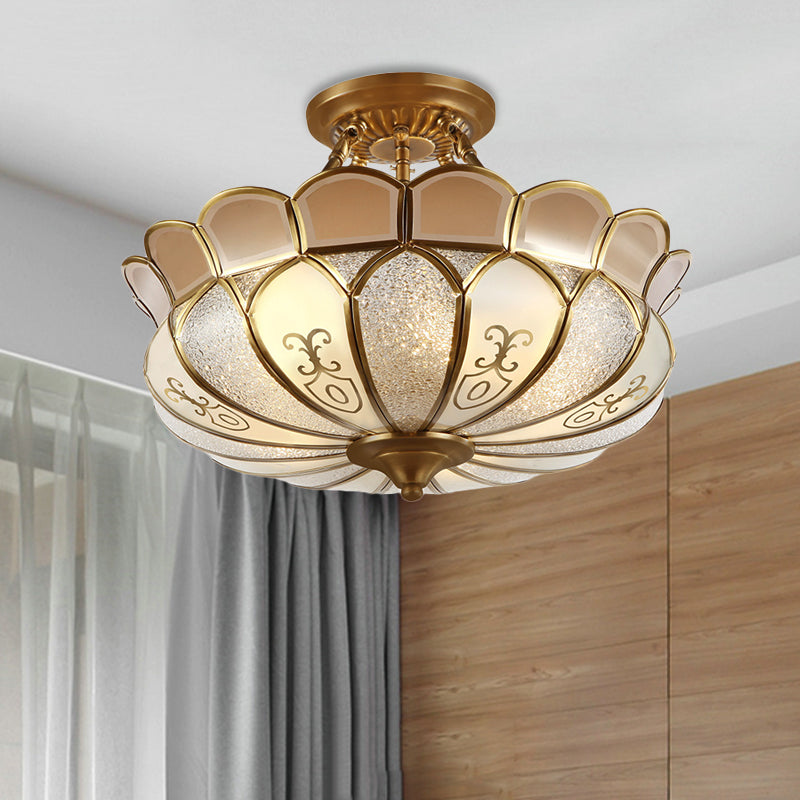 Colonial Brass Dining Room Ceiling Light Fixture - Scalloped Semi-Flush Mount, Opaque Glass, 4 Bulbs