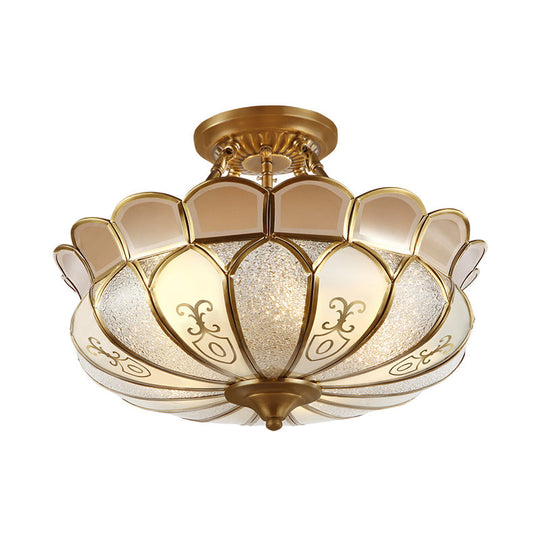 Colonial Brass Dining Room Ceiling Light Fixture - Scalloped Semi-Flush Mount, Opaque Glass, 4 Bulbs