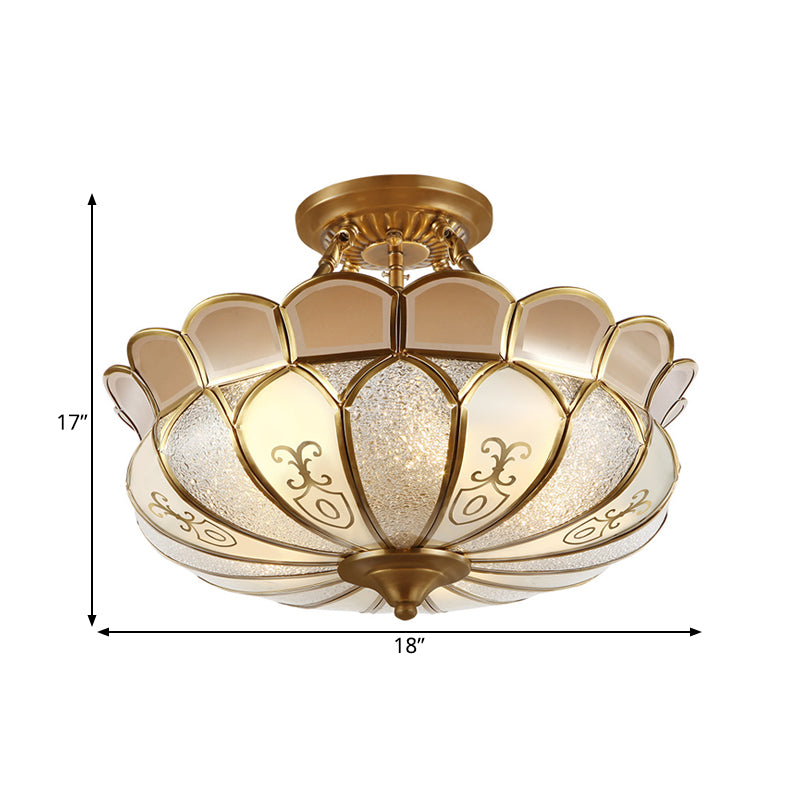 Colonial Brass Dining Room Ceiling Light Fixture - Scalloped Semi-Flush Mount, Opaque Glass, 4 Bulbs