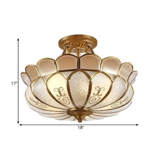 Colonial Brass Dining Room Ceiling Light Fixture - Scalloped Semi-Flush Mount, Opaque Glass, 4 Bulbs