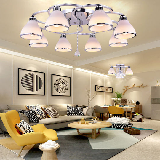 Contemporary Opal Glass Semi Flush Light Crystal 8-Light Semi Flush Mount in Chrome for Living Room