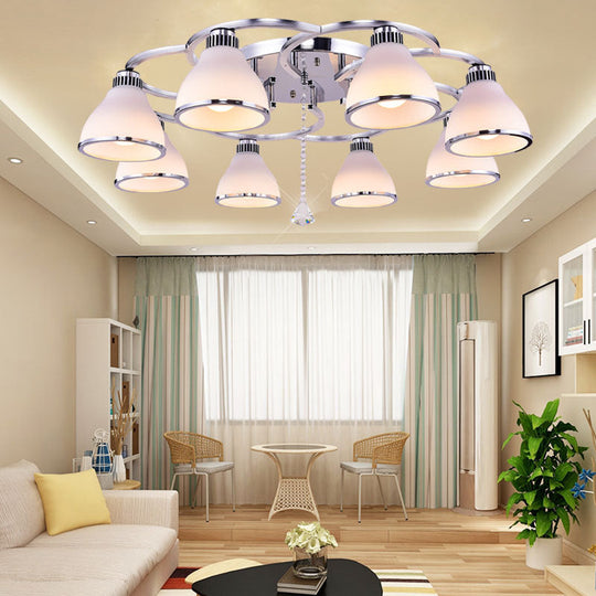 Contemporary Opal Glass Semi Flush Light Crystal 8-Light Semi Flush Mount in Chrome for Living Room