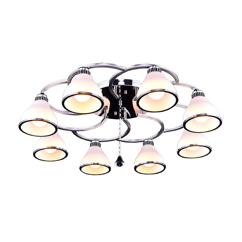 Contemporary Opal Glass Semi Flush Light Crystal 8-Light Semi Flush Mount in Chrome for Living Room